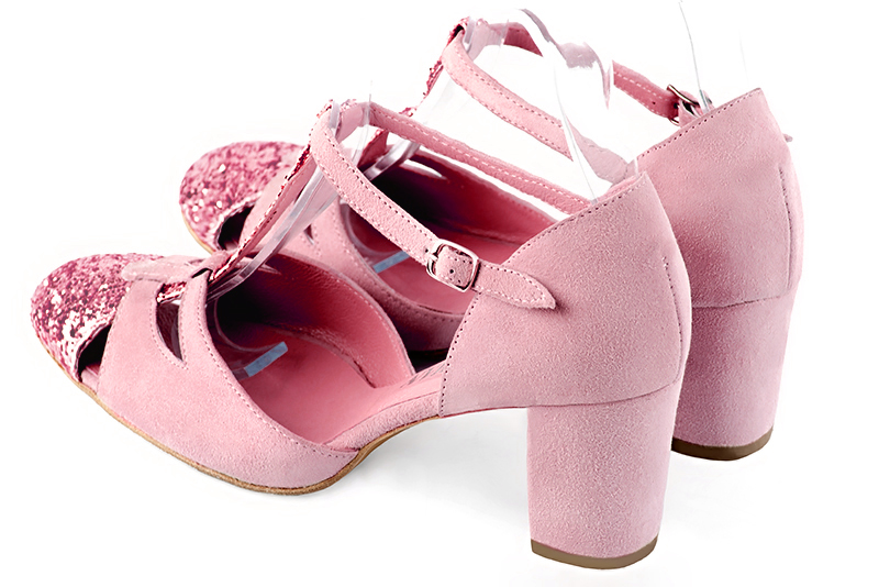 Carnation pink women's T-strap open side shoes. Round toe. Medium block heels. Rear view - Florence KOOIJMAN